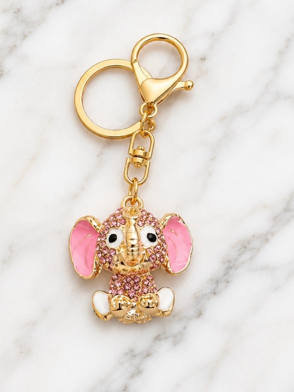 Bag charm/Keyring-Pink and White Rhinestone Baby Lucky Elephant-Gold Hardware